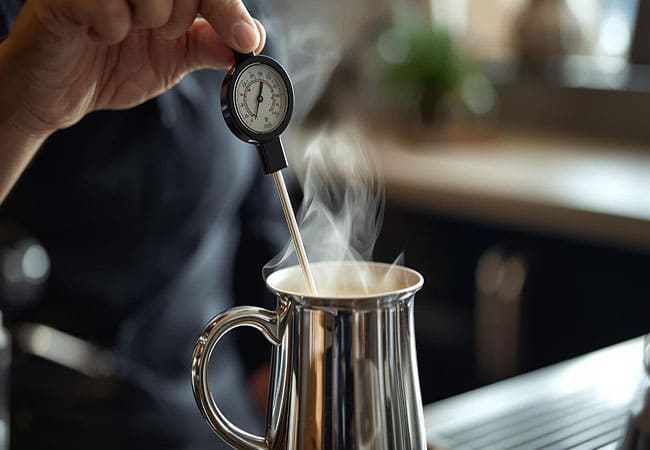 Termómetro de leche barista Herreicher controlando la temperatura al espumar leche