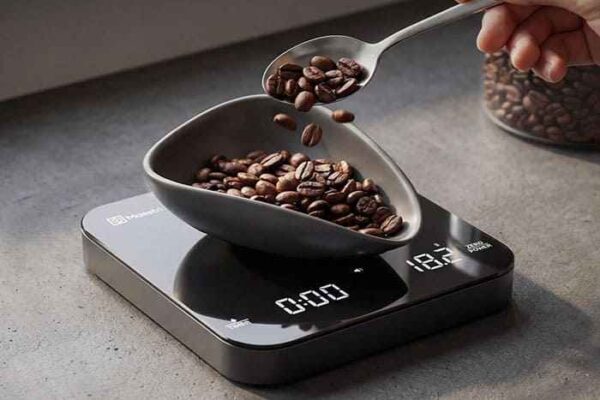 Báscula para café Acaia Lunar colocada bajo el portafiltros de una cafetera manual