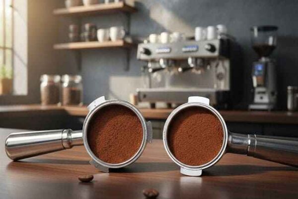 Dos portafiltros de café de 51mm enfrentados mostrando la diferencia visual entre el sistema de 2 orejas angulares y el de 3 orejas para cafeteras domésticas