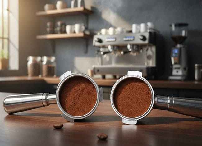 Dos portafiltros de café de 51mm enfrentados mostrando la diferencia visual entre el sistema de 2 orejas angulares y el de 3 orejas para cafeteras domésticas