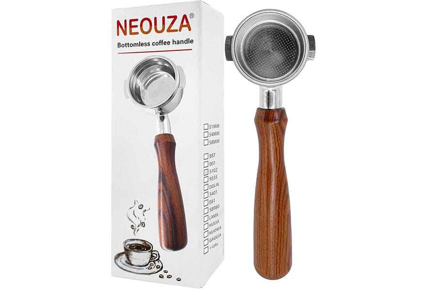 Portafiltro sin fondo NEOUZA de 51mm con dos orejas simétricas y mango de madera de palisandro compatible con DeLonghi Stilosa y serie ECP