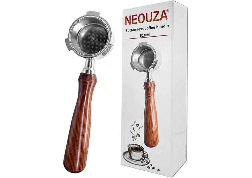 Portafiltro sin fondo NEOUZA de 51mm con tres orejas de 5.5mm de grosor y mango ergonómico de madera de palisandro para cafetera DeLonghi Dedica