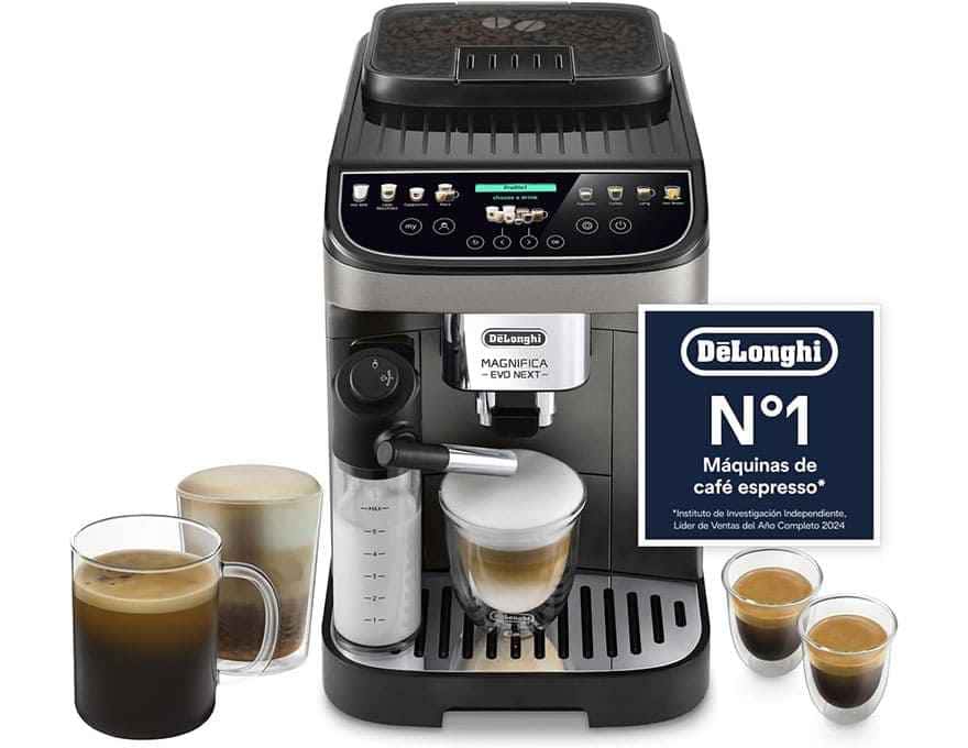Cafetera DeLonghi Magnifica Evo Next con pantalla TFT a color y menú interactivo de bebidas.